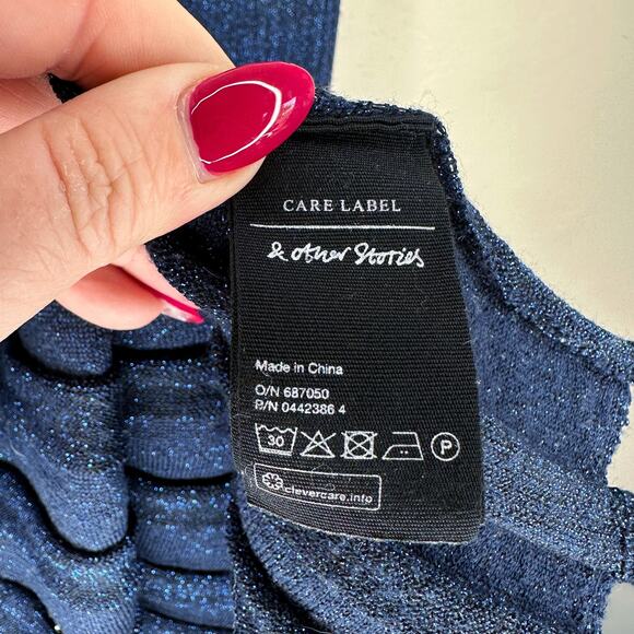 & Other Stories Glittery Pleated Rib Knit Midnight Navy Blue Sheer Midi Skirt XS - Picture 6 of 13